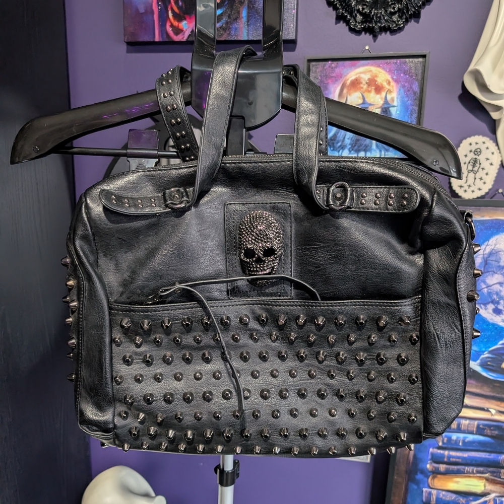 Black Studded Women's Faux Leather Bag with Skull Accent